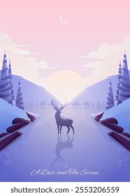 Winter landscape illustration featuring serene mountains, orange trees, a tranquil lake, and a majestic deer in soft pastel tones. Perfect for backgrounds or seasonal themes.