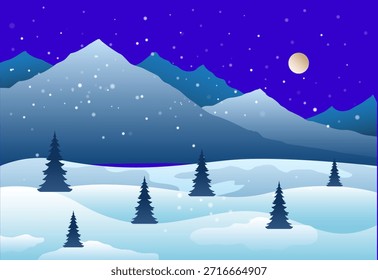 Ilustración de paisaje de invierno con montañas nevadas, pinos y nieve caída bajo un cielo nocturno.