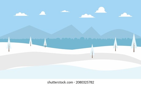 Winter landscape illustration with mountain cloud and pine tree