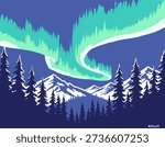 Winter landscape illustration, pine trees silhouettes, snowy peaks, graphic nature background, cold weather, Arctic scene, celestial phenomenon, mint green
