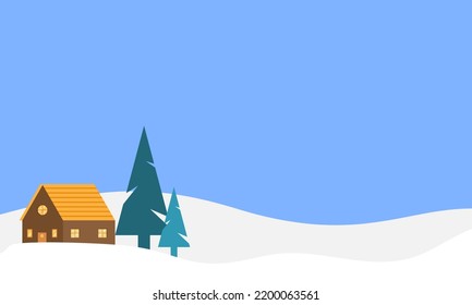 Winterlandschaftsbild mit Kiefern, Wolken und Haus. Wintertapete mit flachem Design. Wintergrafik mit Cartoon-Stil. Hallo Winter.