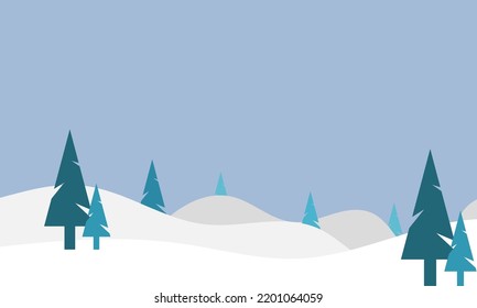 Winter landscape illustration with pine trees, clouds, and house. Winter wallpaper with flat style design. Winter illustration with cartoon style. Hello winter.