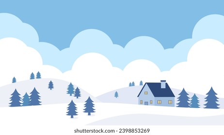 Winter landscape illustration with pine trees, clouds, and house. Winter wallpaper with flat style design. Winter snow illustration with cartoon style. Eps10 vector