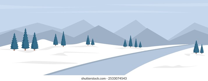 Winter landscape illustration. Winter scenery. Street in the winter season. Snow mountain.