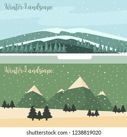 winter landscape illustration, snow forest, mountain background