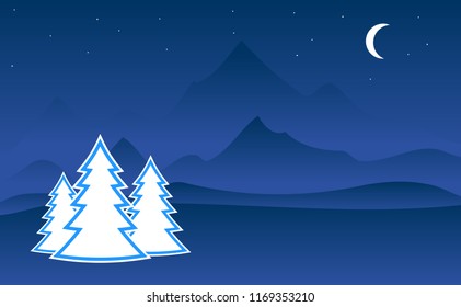 Winter landscape illustration. Snow on trees in mountain nature. The moon with stars in the background. Can be used as christmas holiday greeting card.