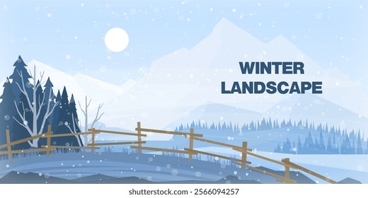 Winter landscape illustration with snowy mountains, forest, wooden fence, and falling snowflakes. Minimalist vector art ideal for seasonal projects, holiday designs, and outdoor themes