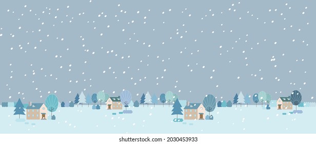 Winter landscape illustration of a village in the countryside with snowfall.