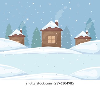 Winter landscape. The image of houses in the snow, against the background of Christmas trees and snowfall. Cozy houses in the snow. Snowfall in the forest. Christmas illustration. Vector