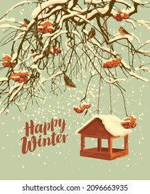 A winter landscape with the inscription Happy winter, snow-covered branches and red clusters of rowan tree, a bird feeder and a flock of small frozen sparrows. Beautiful vector banner in retro style