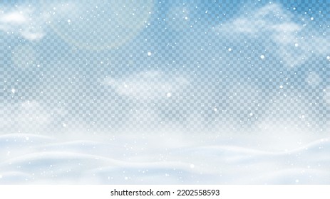 El paisaje invernal aislado en un fondo a cuadros. Textura realista de la nieve de invierno con nevadas, copos de nieve y nubes. Ilustración vectorial 3d con nieve cubierta de colinas congeladas. Desierto de invierno.