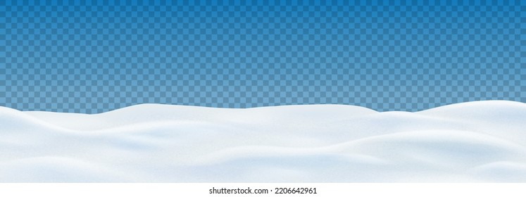 Winter landscape isolated on checkered background. Realistic texture of winter snow with snowdrifts. 3d vector illustration with frozen hills covered snow. Winter desert.