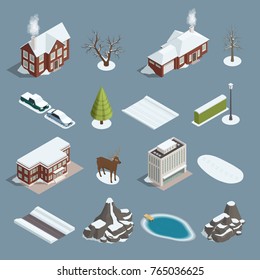 Winter landscape isometric elements set with buildings trees deer rocks mountains pond lake vehicles isolated vector illustration 