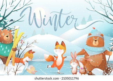 Winter landscape with kids animals playing skiing and skating on ice. Merry Christmas and Happy New year cute cartoon characters in frozen forest, wallpaper or invitation vector design.