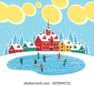 Winter landscape with kids skating on an ice rink, cute colorful houses and snow-covered fir trees. Cartoon vector illustration, greeting card or decorative banner in flat style. Happy winter holidays