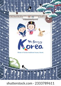 Winter landscape in Korea, beautiful traditional hanok. In a snowy hanok house, children wearing hanbok raise their hands to say hello.