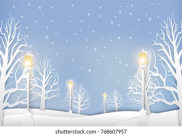 Paysage hivernal avec lampadaire et papier peint.  Illustration de fond de la saison de Noël
