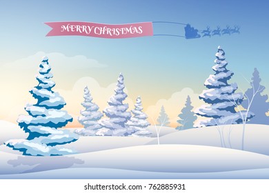 Winter landscape light background with snowy fir trees Santa and deers vector illustration
