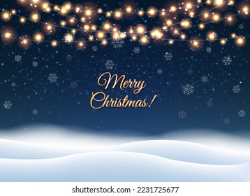 Winter Landscape With Light Garland With Gradient Mesh, Vector Illustration