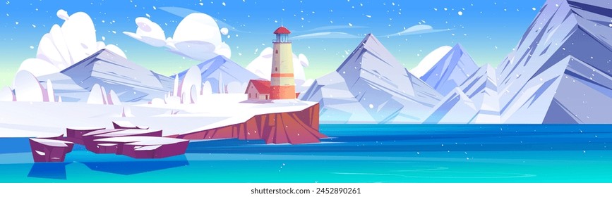 Paisaje invernal con faro en acantilado, orilla rocosa del mar o océano cubierto de nieve. Ilustración vectorial de dibujos animados del paisaje del norte con la torre de la baliza roja vintage en la costa nevada con montañas