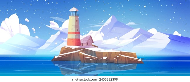 Winter landscape with lighthouse on island cliff. Snow mountain coast scene in peaceful ocean water and beacon design. Nautical seaside journey background. Marine building view panorama wallpaper