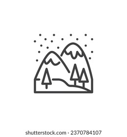 Winter landscape line icon. linear style sign for mobile concept and web design. Snowy mountains and trees outline vector icon. Symbol, logo illustration. Vector graphics