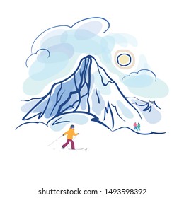 Winter landscape, linear drawing of mountains with skier figures, created by imagination in vector graphics format.