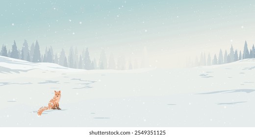 Winter landscape with lonely fox covered by white snow have snowfall and silhouette pine forest background graphic illustration.