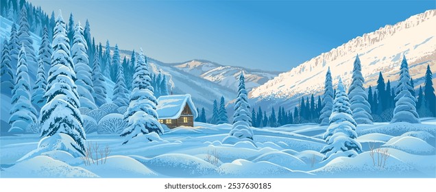 Winter landscape with a lonely house in the winter forest, in the mountains, with snow-covered firs and with mountain slopes illuminated by the winter sun. Vector illustration.