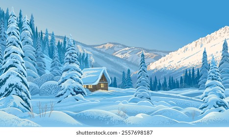 Winter landscape with a lonely house in the winter forest, in the mountains, with snow-covered firs and with mountain slopes illuminated by the winter sun. Vector illustration.