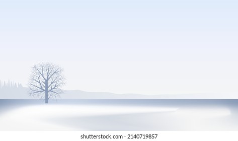 Paisaje invernal con un árbol solitario en el horizonte. Ilustración vectorial.