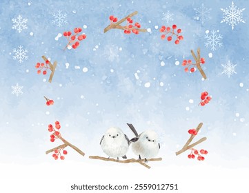 Winter landscape of long-tailed moth painted in watercolor