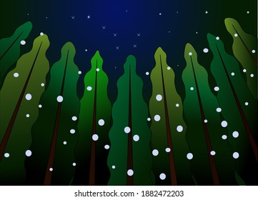 Winter landscape with a magical forest on the background of the starry sky.Fabulous falling white snow and the constellation URSA Major.