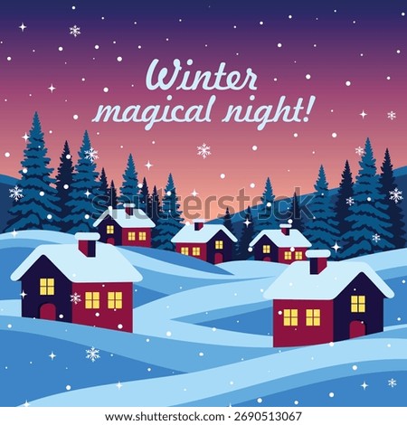 Winter landscape with a magical night. A charming village with brightly colored houses, Christmas trees in cool blue, purple tones. Christmas background. For Christmas, New Year cards, winter designs