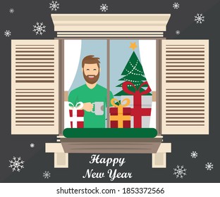 Winter landscape, man Christmas window. Merry Christmas greeting card template. Flat style vector illustration.
