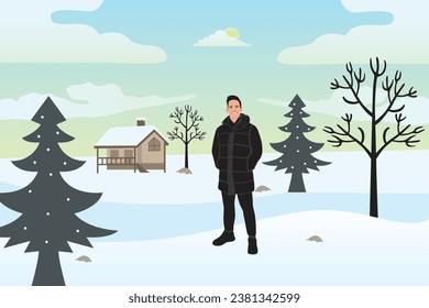 Paisaje invernal con un hombre y una casa. Ilustración vectorial en estilo plano.