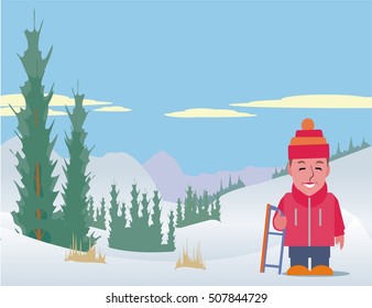 Winter landscape and man with toboggan