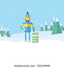 Winter landscape and man with toboggan.flat design