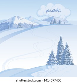 The winter landscape with a manual inscription, a scene of winter highlands with a ski track created on imagination in a format of vector graphics.