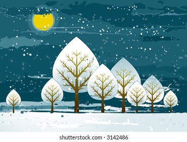Winter landscape with many trees,  vector illustration