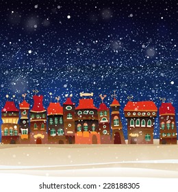 Winter landscape. Merry Christmas! City on a dark blue sky. Festive background for your design