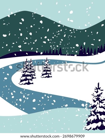 Winter Landscape, minimalist style inspired by alpine landscapes – Christmas Card. Gently falling snowflakes across the entire scene. Vector illustration 