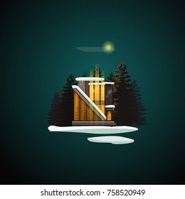 Winter landscape with modern house in pine  forest