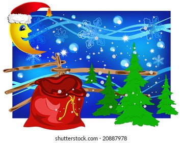 Winter landscape with month and fur-tree, New Year's vector illustration