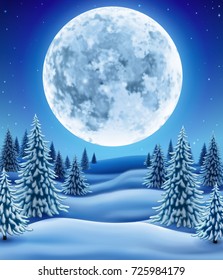 Winter landscape with moon, background for christmas and new year greeting, illustration with pine trees in snow, EPS 10 contains transparency.