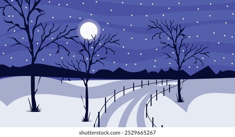 Winter landscape with moon and black trees. Winter forest view, outdoor recreation place. Winter Landscape with snow. Snowy background. Snowdrifts. Snowfall.