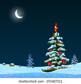 Winter landscape with moon and christmas tree. Vector Illustration.