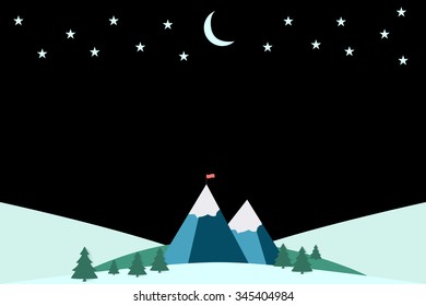 Winter landscape. Moon over mountain peaks