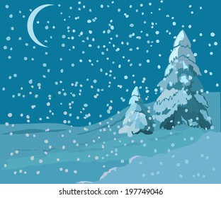 winter landscape, moon, snow, trees in the snow, vector