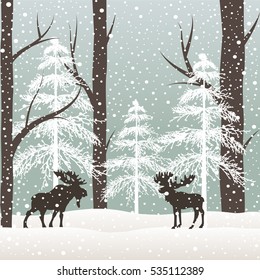 Winter landscape with moose,snow and tree